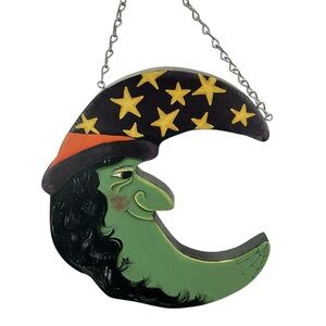 Wood Crescent Moon Witch and Snowman Wall Decor Double Sided Halloween Christmas